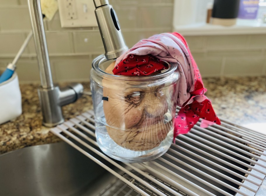 A DIY Head in a Jar being filled with water in the sink