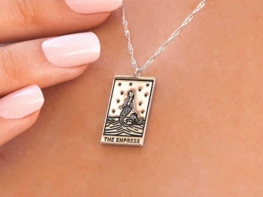 Pura Vida Rose Gold Empress Tarot Card Pendant Necklace on neck