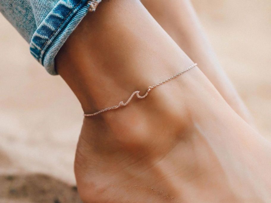 Pura Vida Rose Gold Pave Wave Anklet on ankle